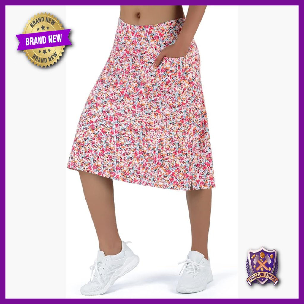 Women's Midi Skort With 3 Pockets High Waist Athletic Skirt Knee Length
